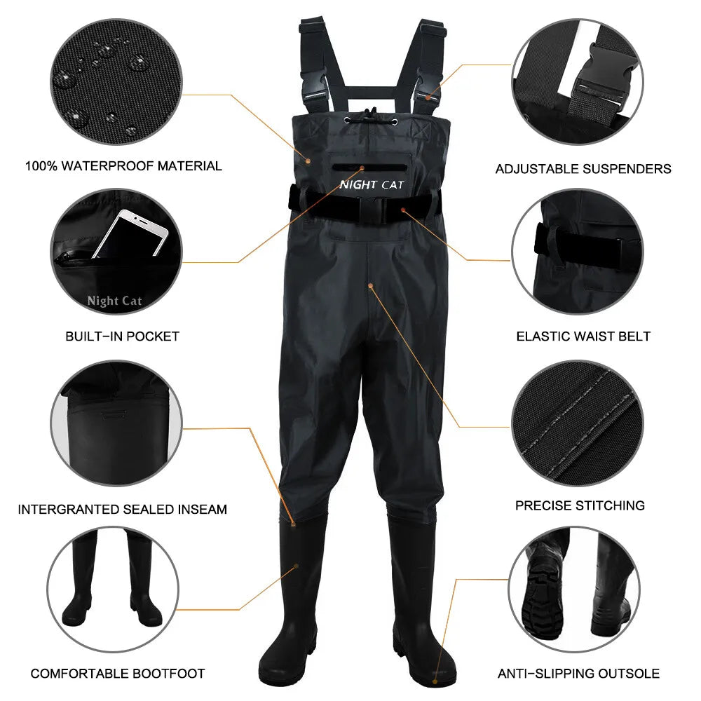 Waterproof Nylon PVC Chest Waders With Boots For Fishing