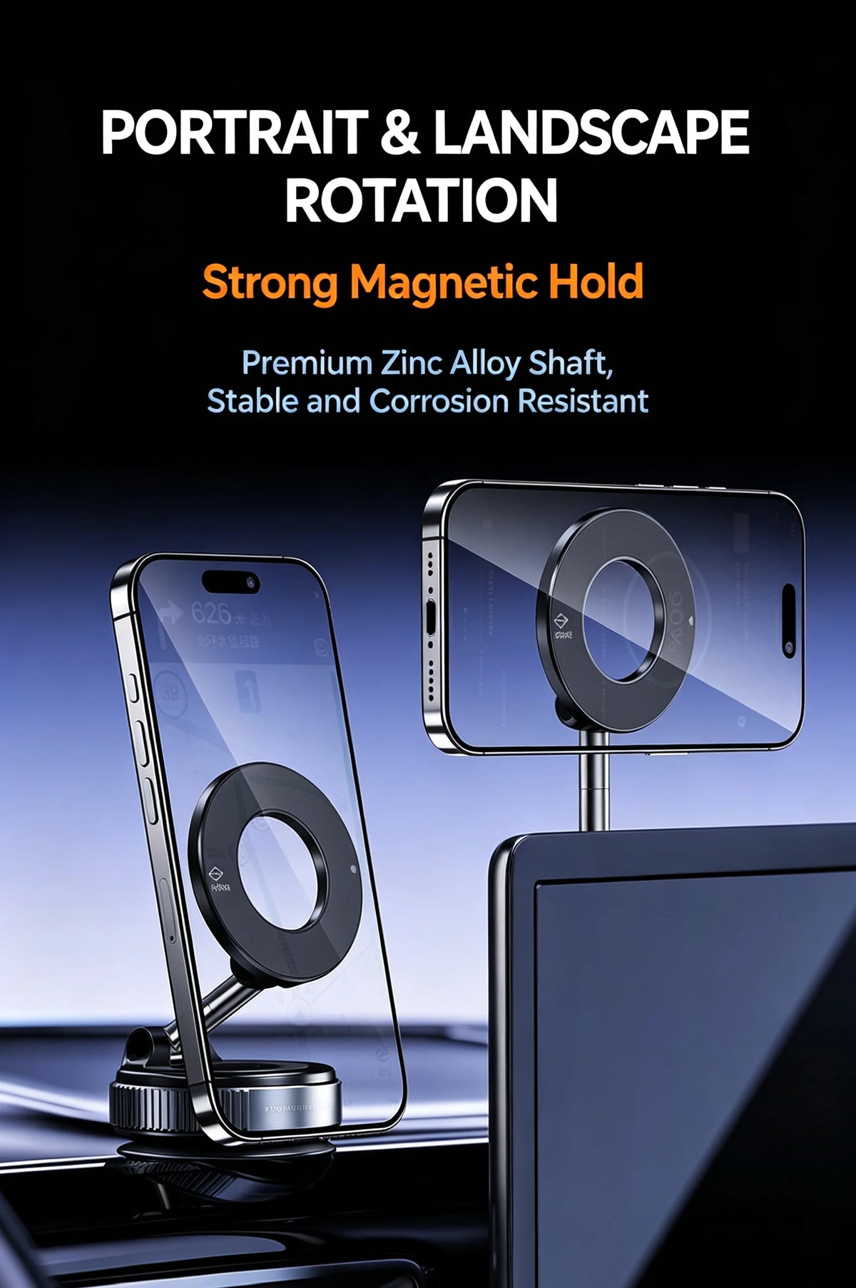 Magnetic Car Phone Holder With Vacuum Suction Cup For Console