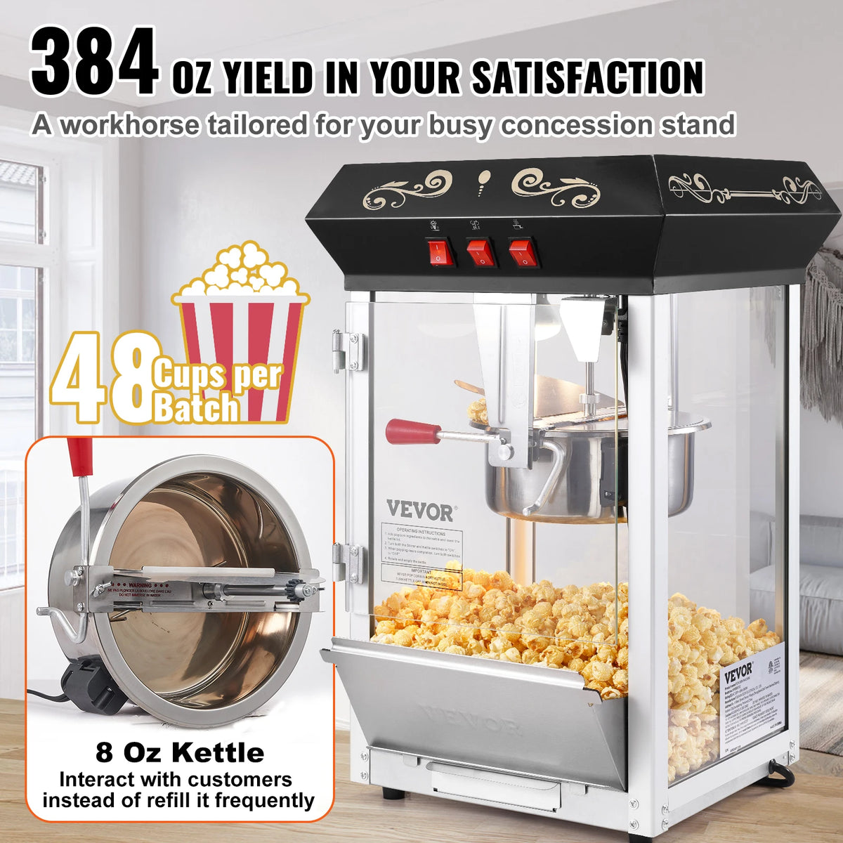 SucceBuy Commercial Countertop Popcorn Maker With Tempered Glass Kettle