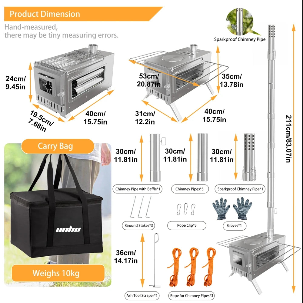 Portable Stainless Steel Wood Burning Camping Stove With Chimney Pipes