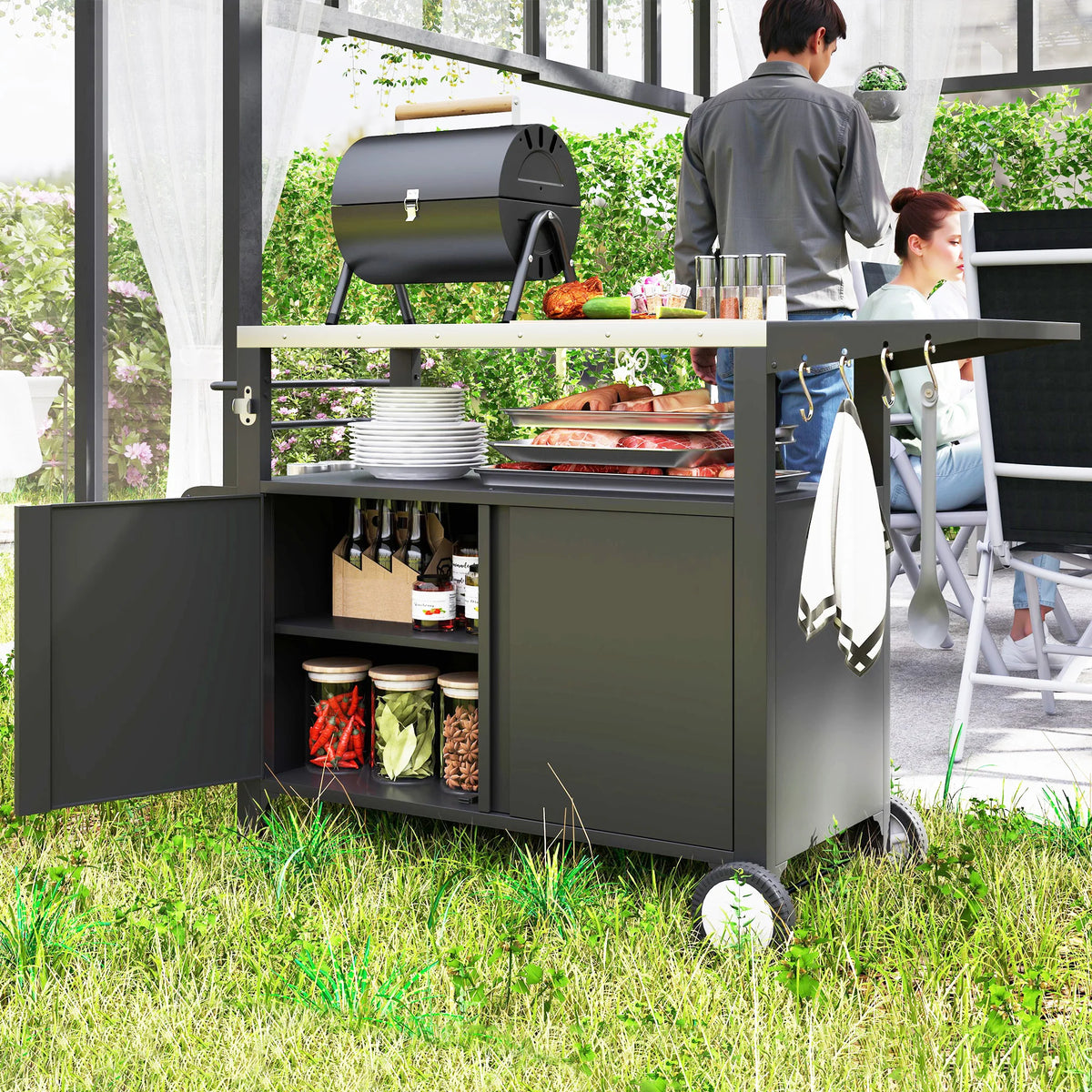 Outsunny Outdoor Grill Cart With Foldable Side Table And Storage