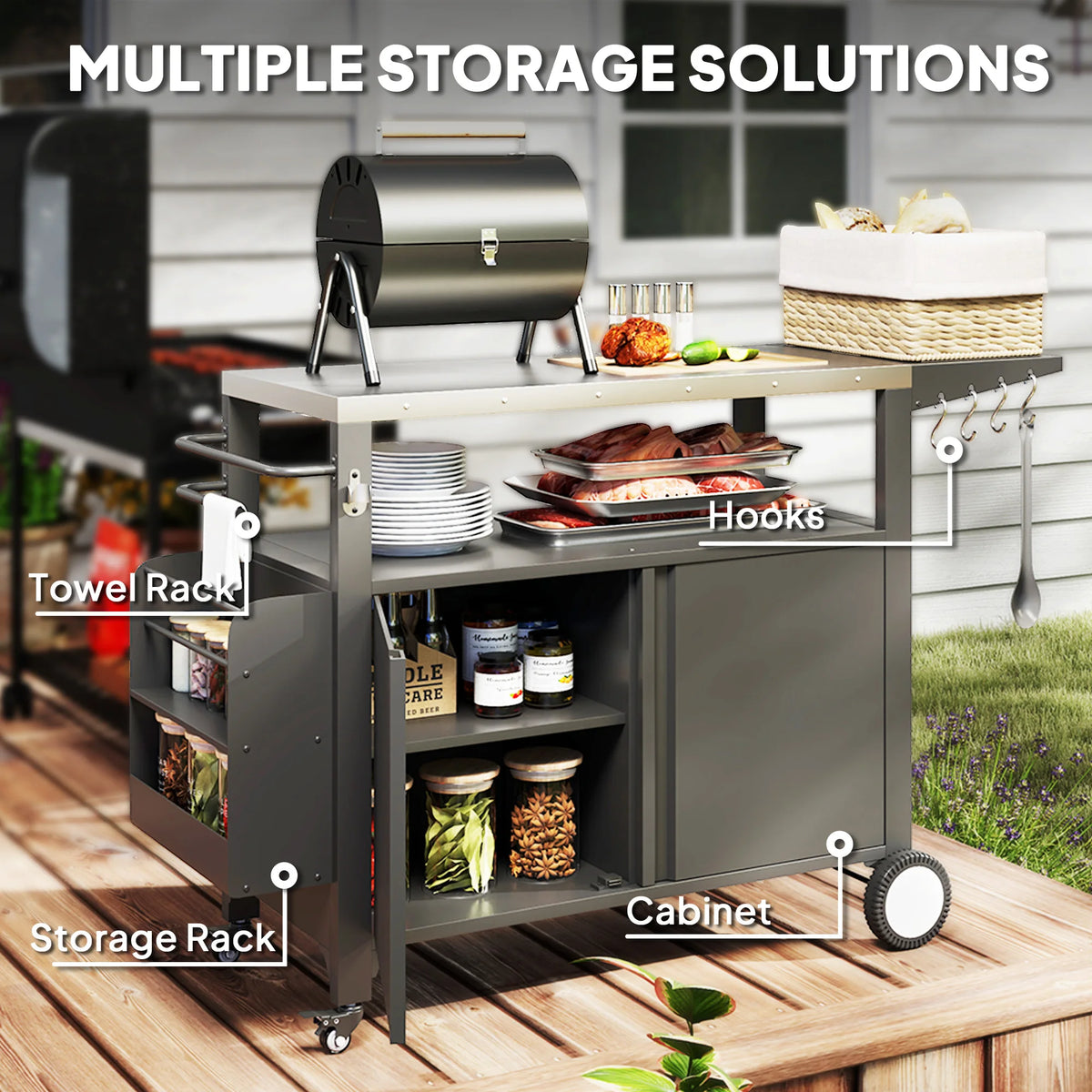 Outsunny Outdoor Grill Cart With Foldable Side Table And Storage