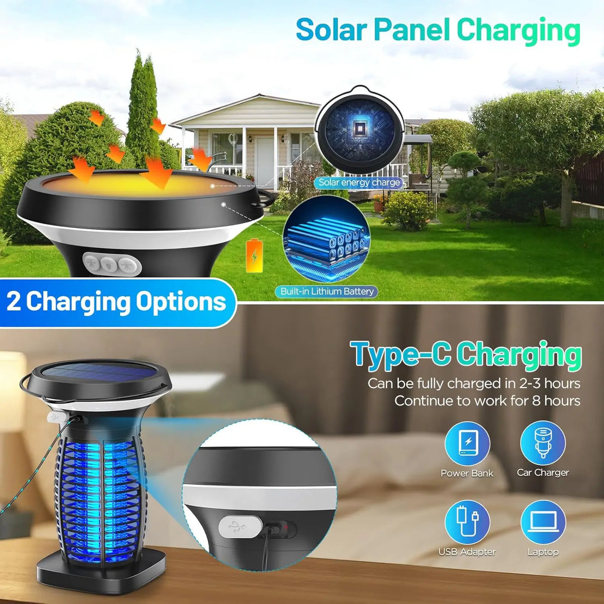 Solar Powered Bug Zapper With Outdoor Light And Safety Mesh