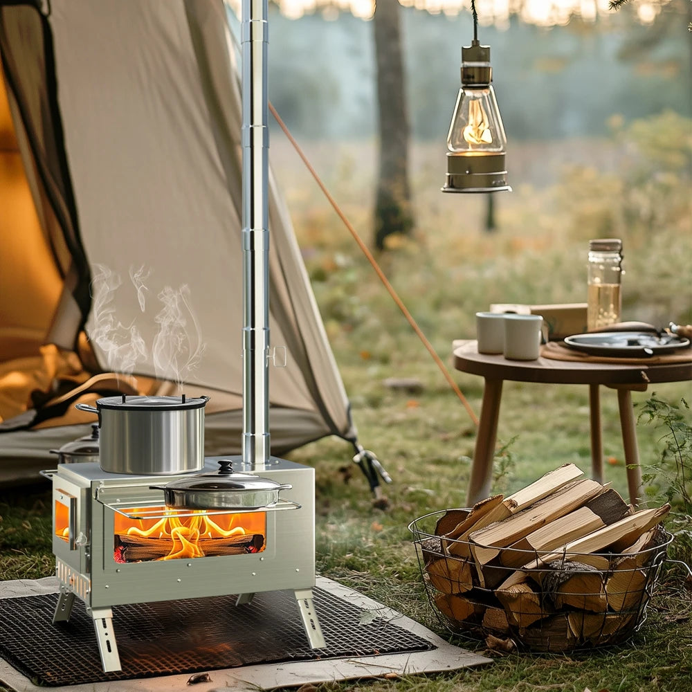Portable Stainless Steel Wood Burning Camping Stove With Chimney Pipes