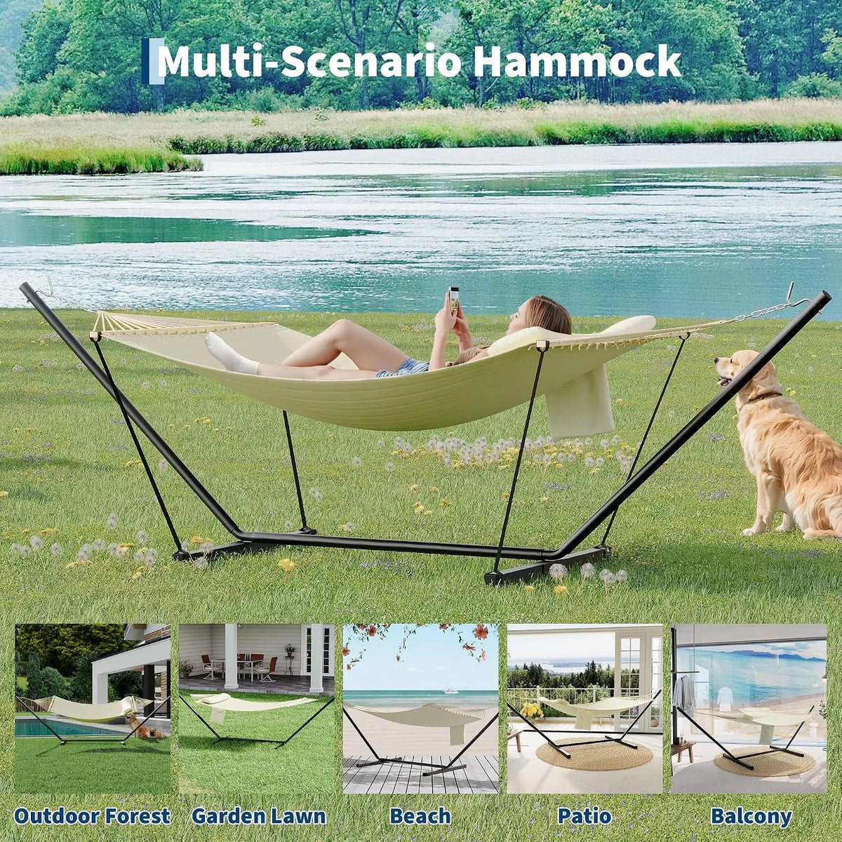 ANIXOL Double Hammock With Stand And Pillow For Outdoor Relaxation