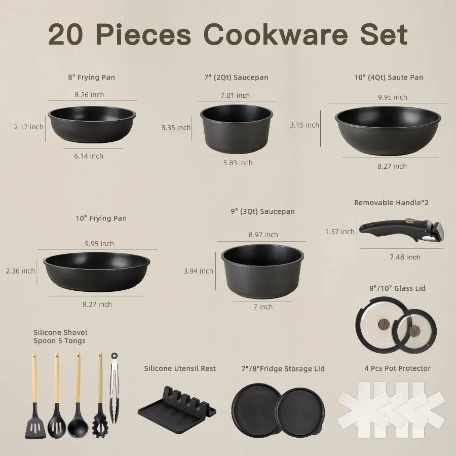 Astercook 20 Piece Nonstick Cookware Set With Detachable Handles