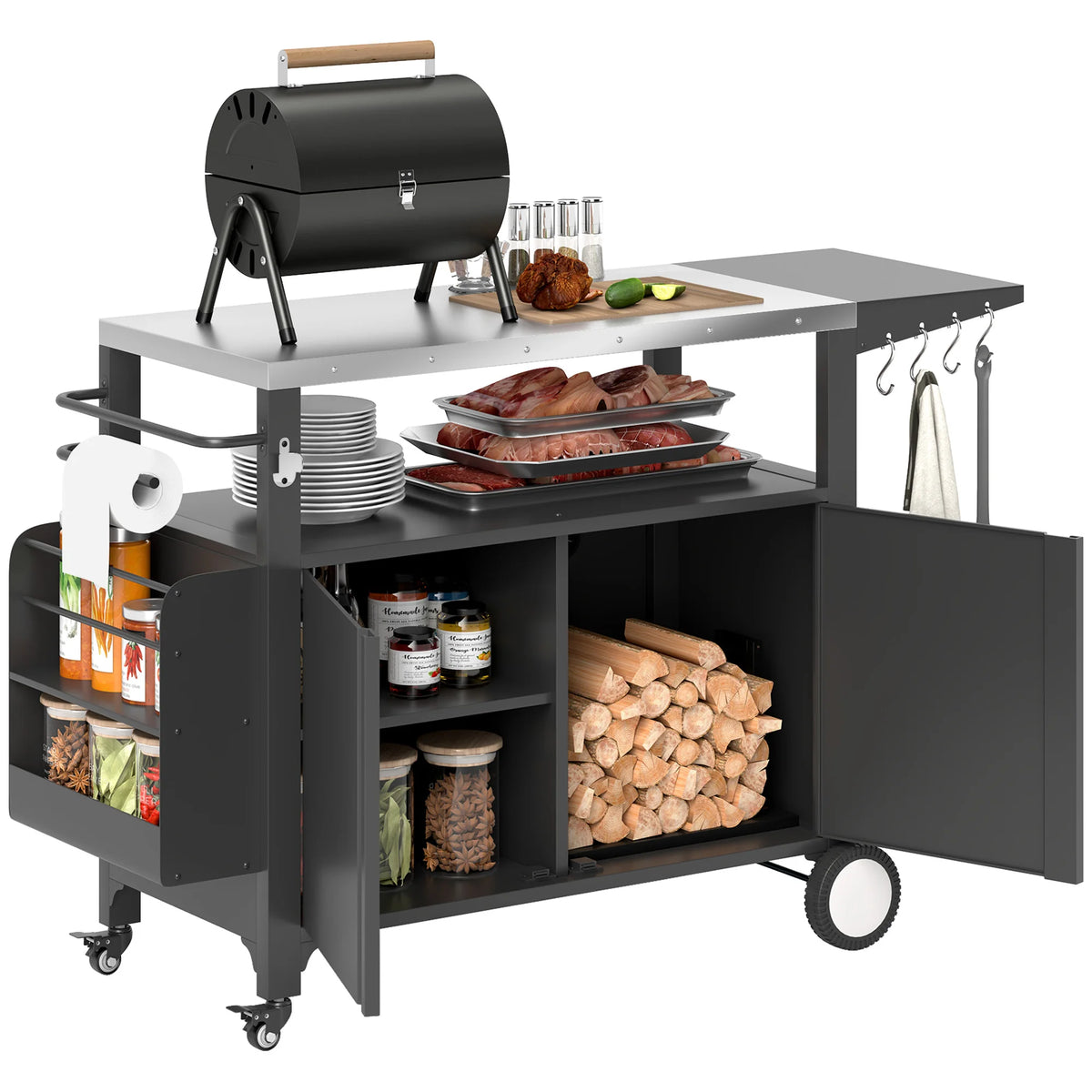 Outsunny Outdoor Grill Cart With Foldable Side Table And Storage