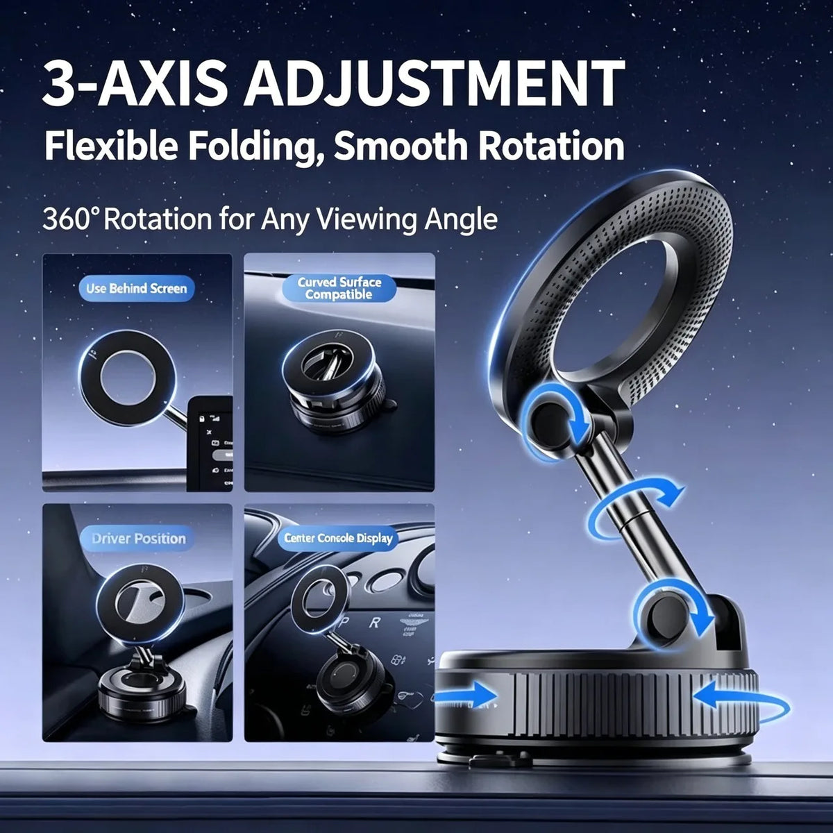 Magnetic Car Phone Holder With Vacuum Suction Cup For Console