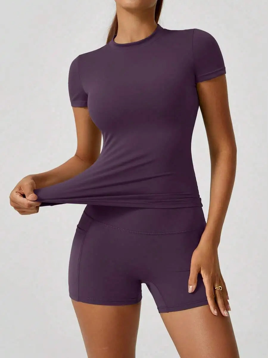 Women Short Sleeve High Waist Tummy Control Shorts Set