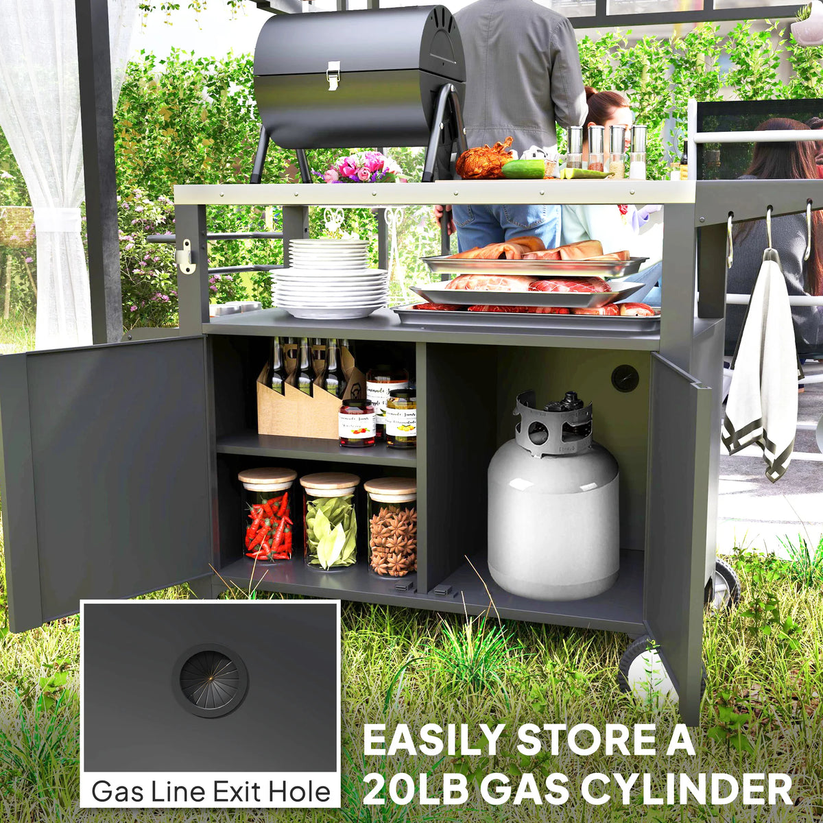 Outsunny Outdoor Grill Cart With Foldable Side Table And Storage