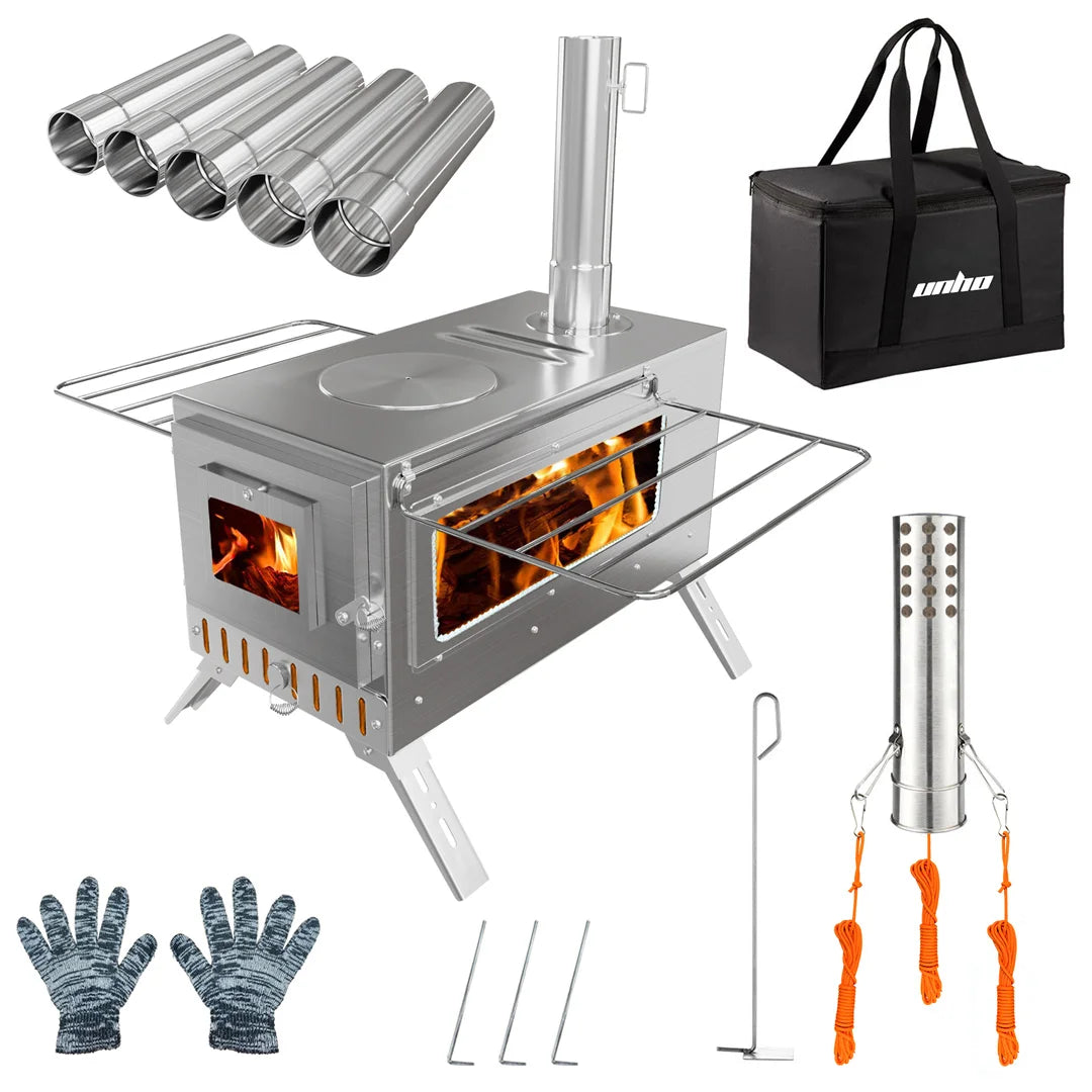 Unho Portable Wood Burning Stove With Stainless Chimney Pipes