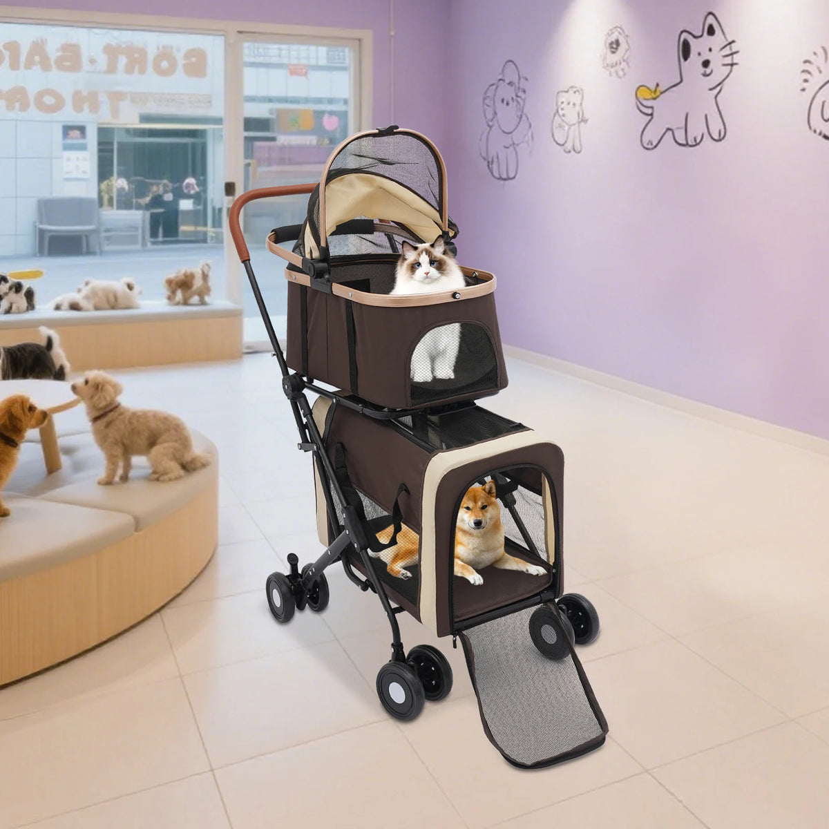 Bymaocar Two Tier Foldable Pet Stroller For Dogs And Cats