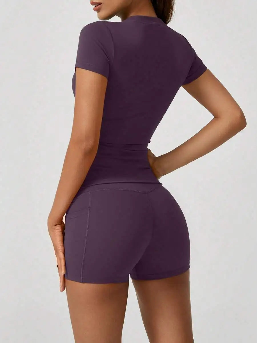 Women Short Sleeve High Waist Tummy Control Shorts Set