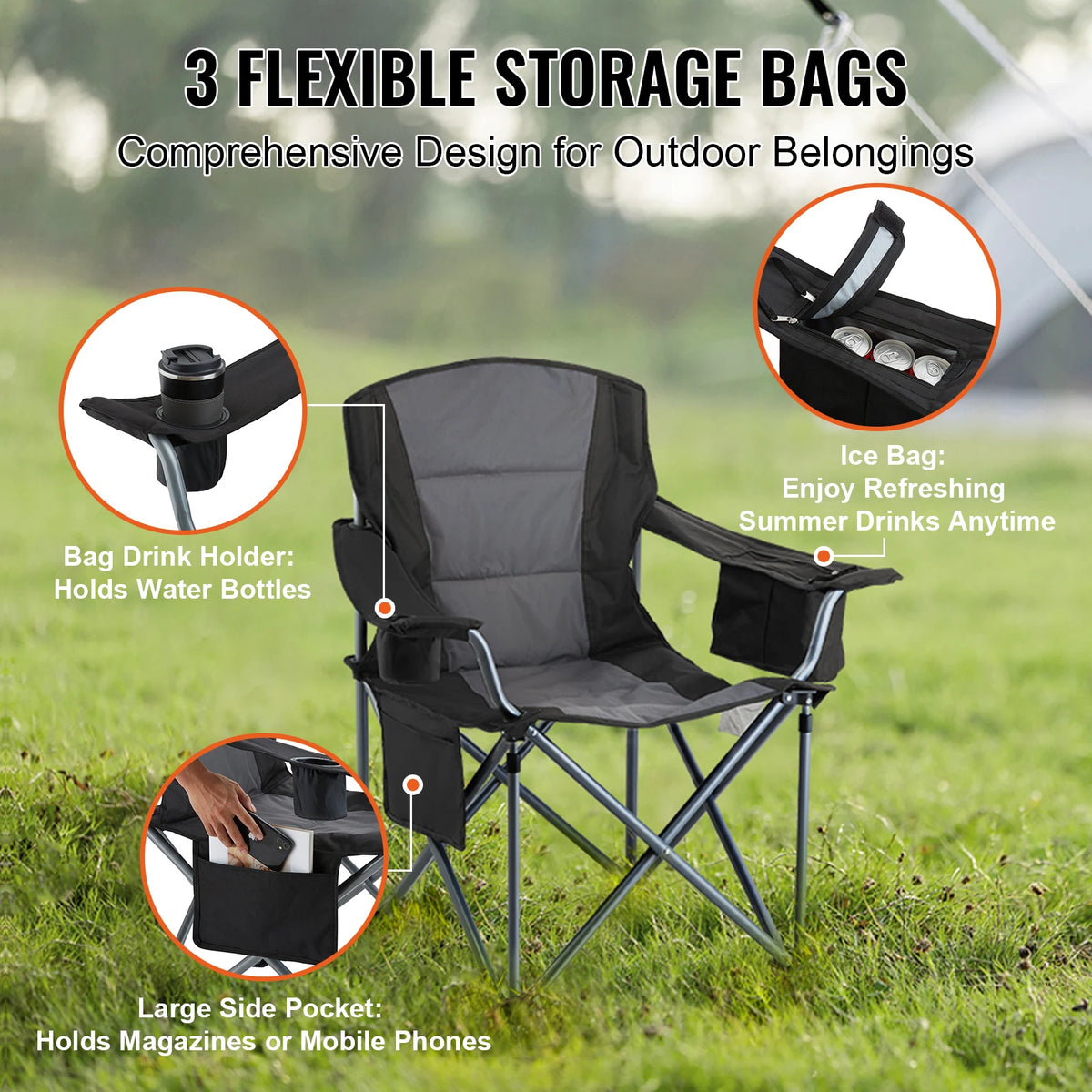 VEVOR Portable Camping Folding Chair Padded Arms Lumbar Support