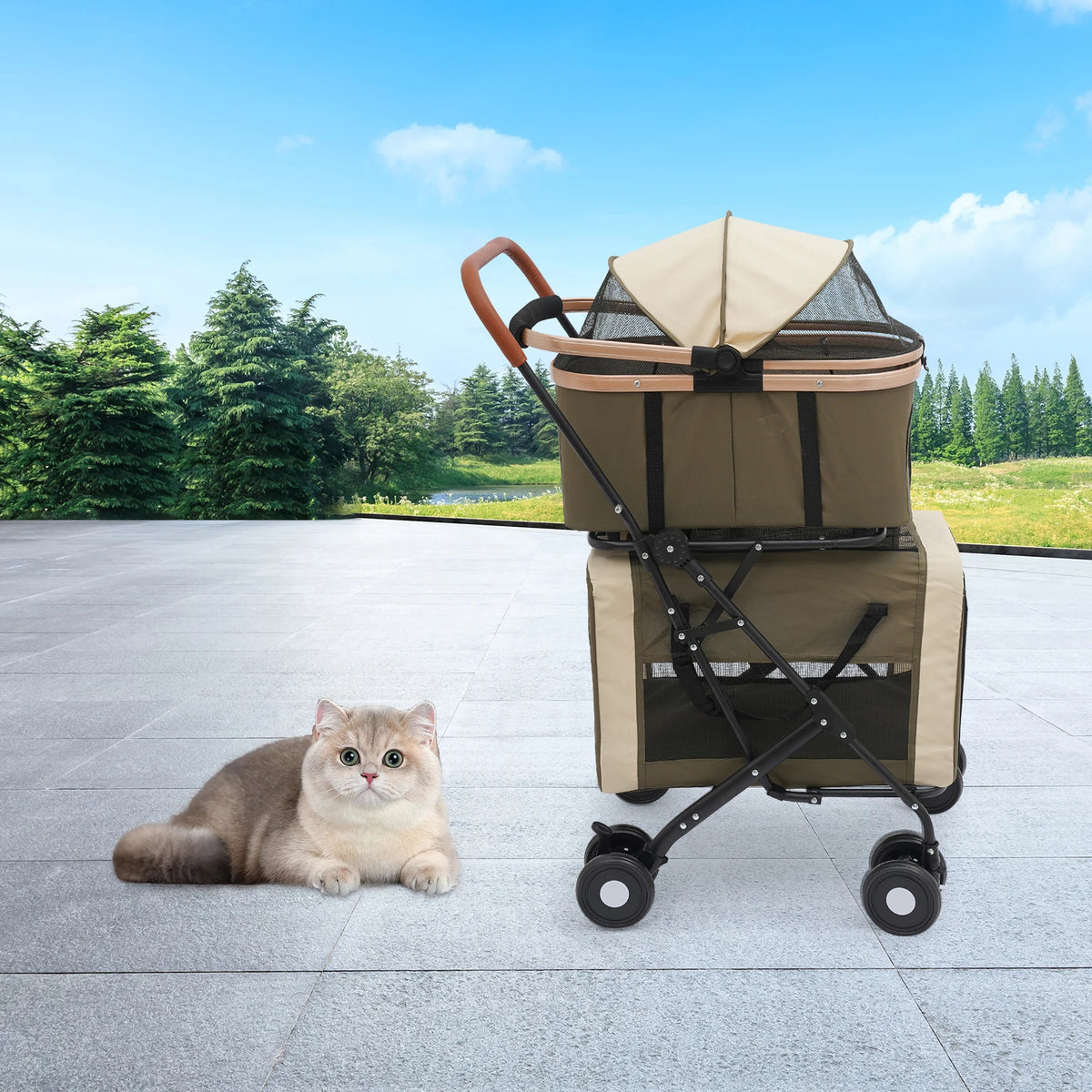 Bymaocar Two Tier Foldable Pet Stroller For Dogs And Cats