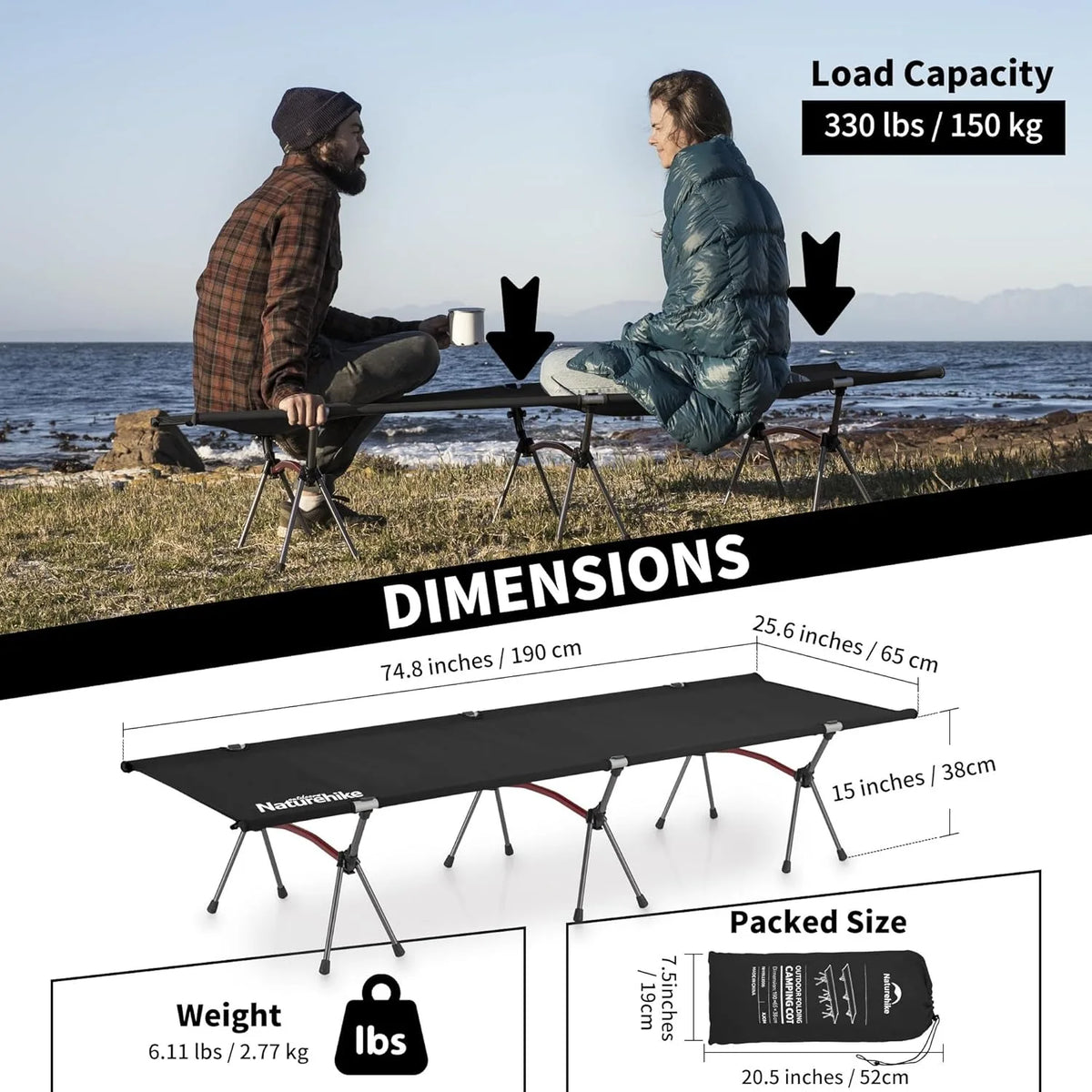 Naturehike Adjustable Height Folding Camping Cot For Travel