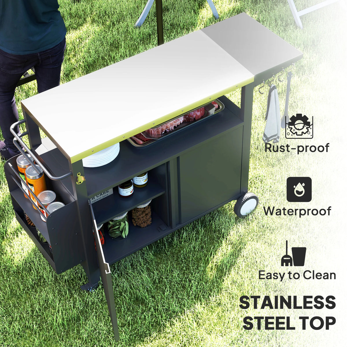 Outsunny Outdoor Grill Cart With Foldable Side Table And Storage