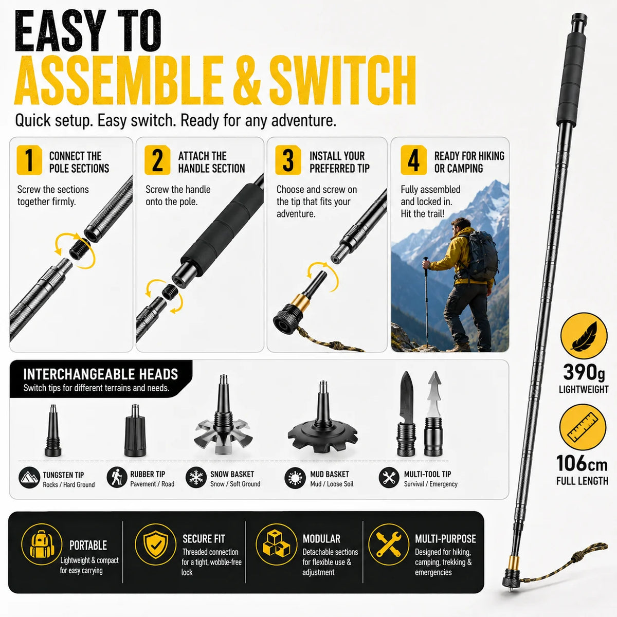 Adjustable Telescopic Trekking Pole With Comfort Grip For Hiking and Camping