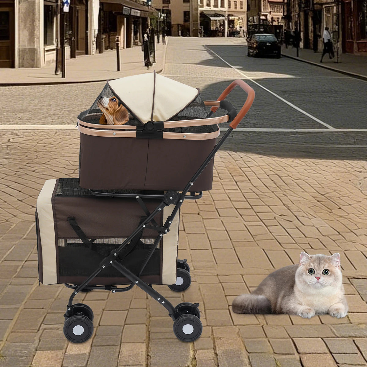 Bymaocar Two Tier Foldable Pet Stroller For Dogs And Cats
