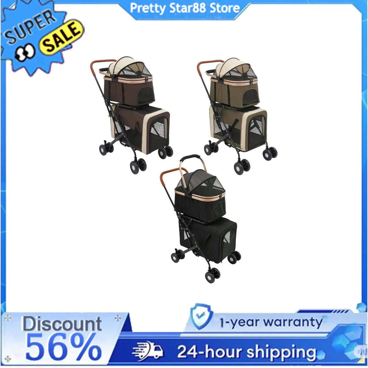 Bymaocar Two Tier Foldable Pet Stroller For Dogs And Cats