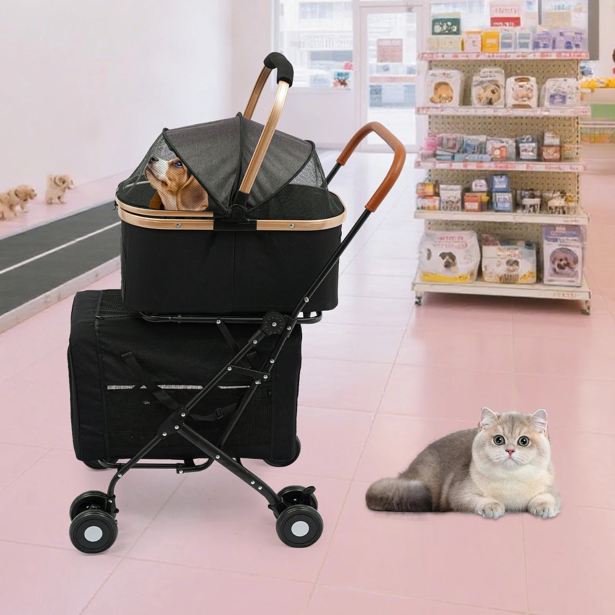 Bymaocar Two Tier Foldable Pet Stroller For Dogs And Cats