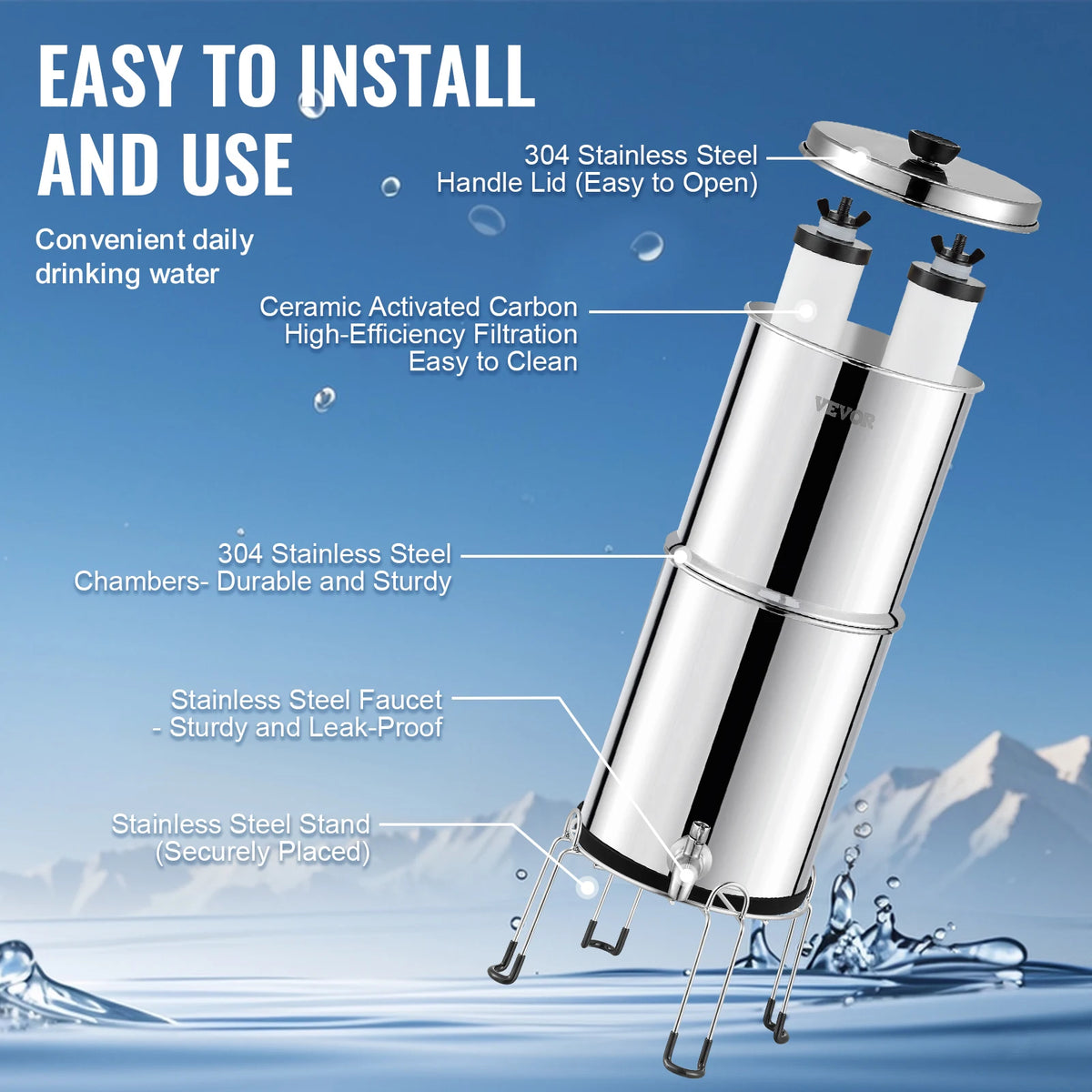 SucceBuy Gravity Fed Stainless Steel Countertop Water Filter System