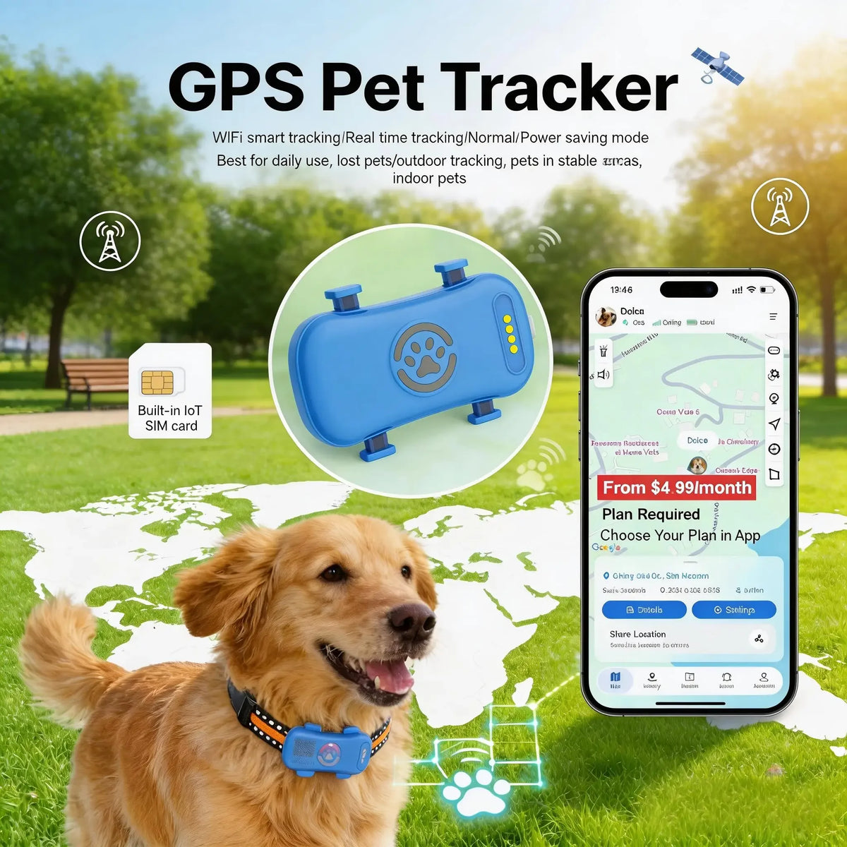 Wanwaytech 4G GPS Pet Tracker For Dogs With Live Tracking