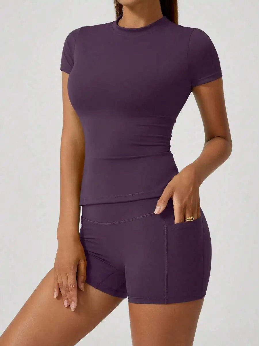 Women Short Sleeve High Waist Tummy Control Shorts Set