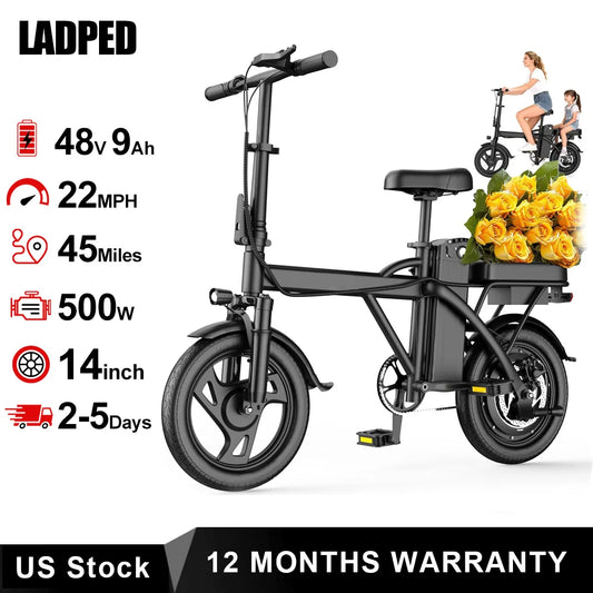 Ladped Foldable Dual Seat Electric Bike 500W Motor 48V Battery