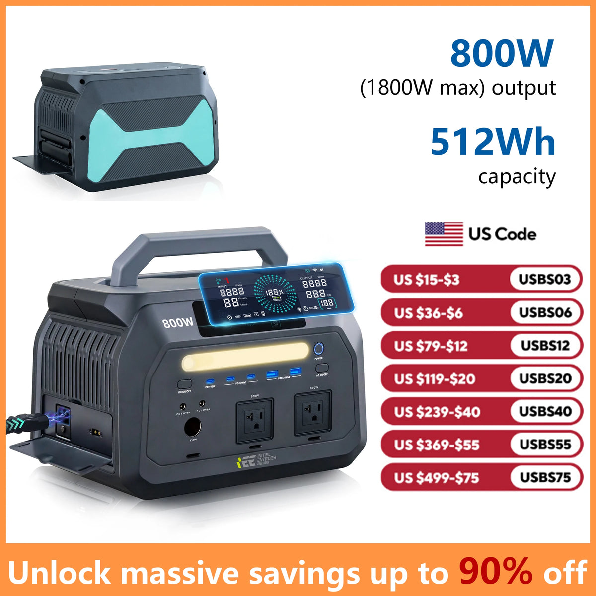 IEE 800W Portable Power Station 512Wh LiFePO4 Solar Generator