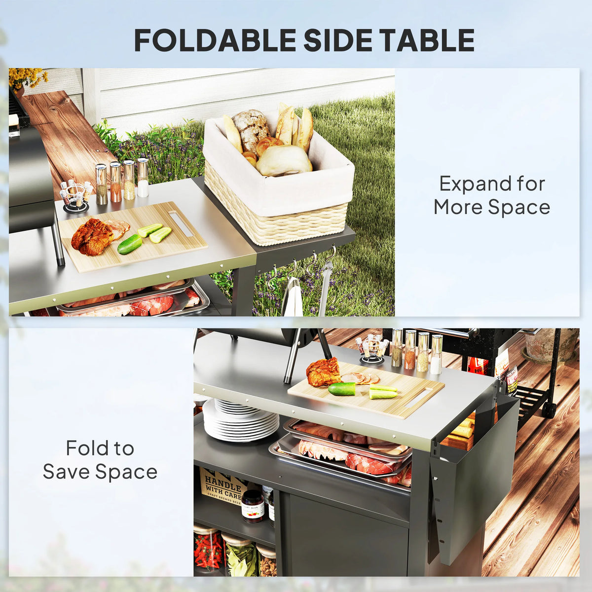 Outsunny Outdoor Grill Cart With Foldable Side Table And Storage