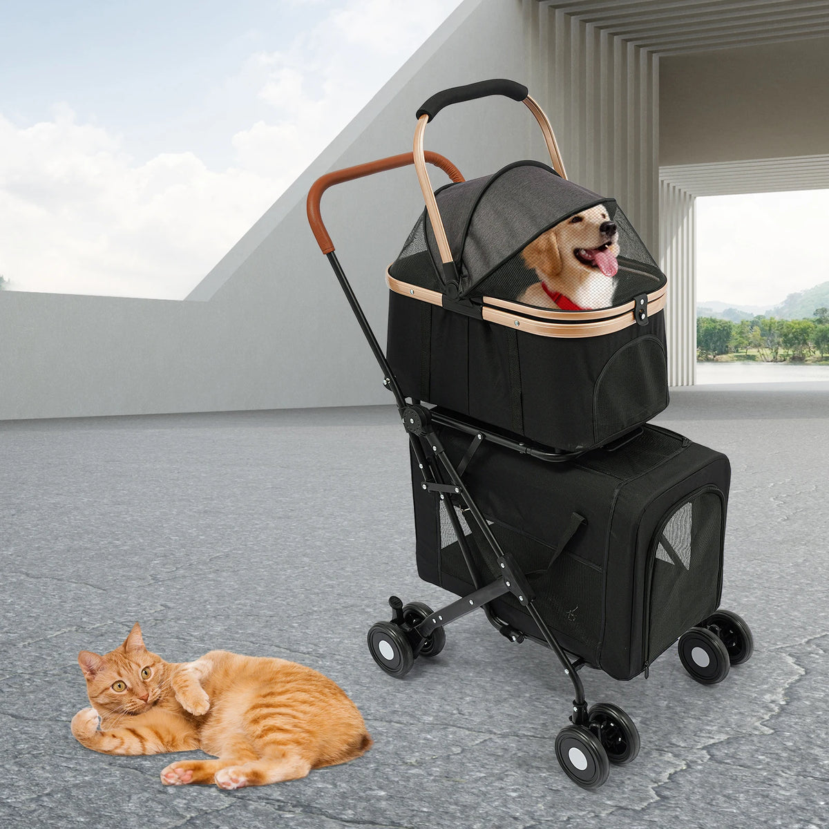 Bymaocar Two Tier Foldable Pet Stroller For Dogs And Cats