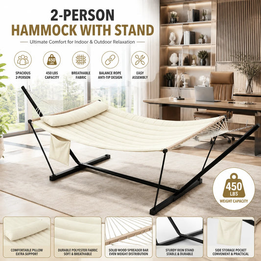ANIXOL Double Hammock With Stand And Pillow For Outdoor Relaxation